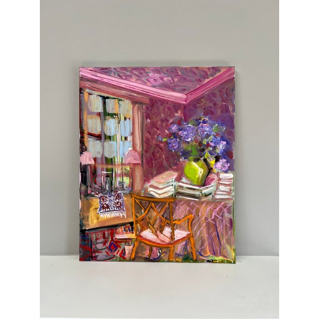 An original oil painting of an interior on stretched canvas. This large format piece is sold unframed, and hanging wire...