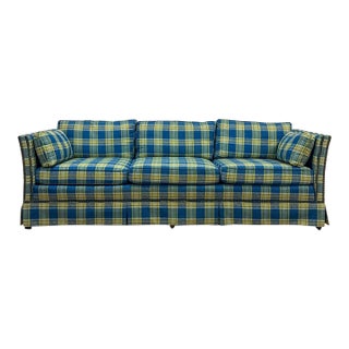Vintage MCM Retro Plaid Sofa in Electric Blue and Green With Nailhead Trim For Sale