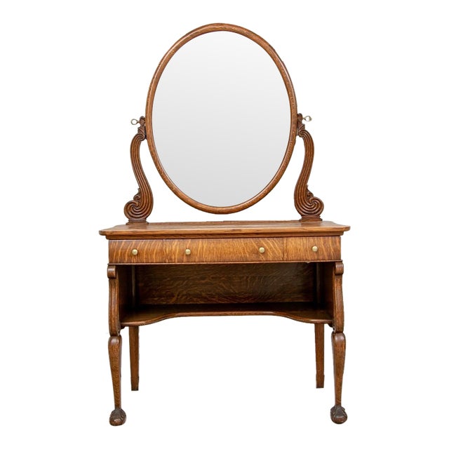 Antique Oak Dressing Table With Large Oval Vanity Mirror For Sale
