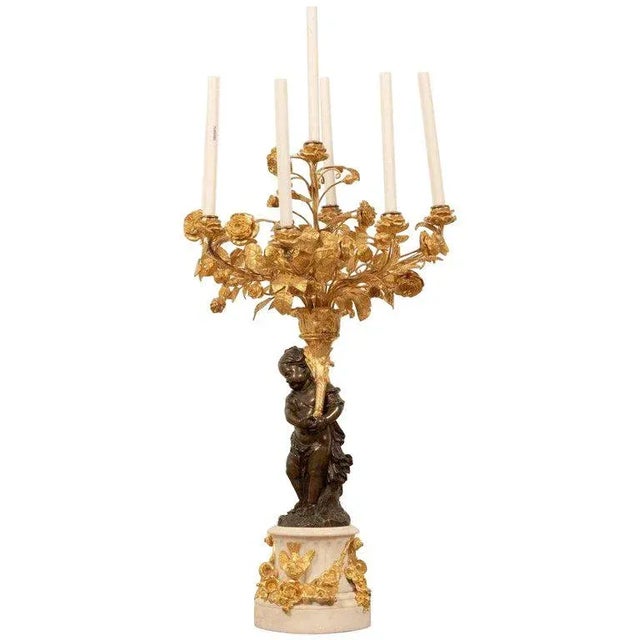Late 19th Century Late 19th Century Monumental Single Louis XVI Style Ormolu and Patinated Seven-Light Candelabra For Sale - Image 5 of 5