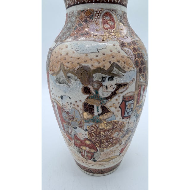Antique Japanese Satsuma Vase With Figural Panels and Raijin Thunder God, Meiji Period, Circa 1880–1900 For Sale - Image 6 of 15