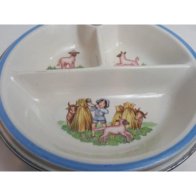 1940s 1944 Bartsch Little Boy Blue Chrome Porcelain Bakelite Child's 3 Part Warming Dish For Sale - Image 5 of 6