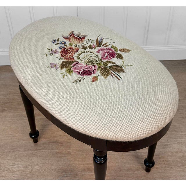 Antique Traditional Mahogany Floral Needlepoint Oval Vanity Seat Stool For Sale - Image 6 of 10
