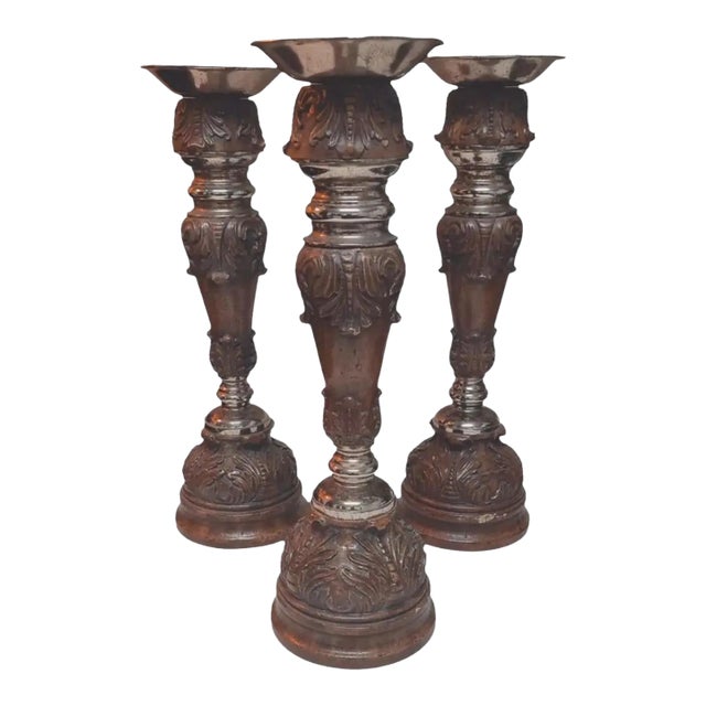 Late 20th Century Ornate Maitland-Smith Hand-Carved Candle Holders ~ Set of 3 For Sale