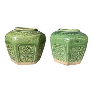 Antique Chinese Green Earthenware Jars - a Pair