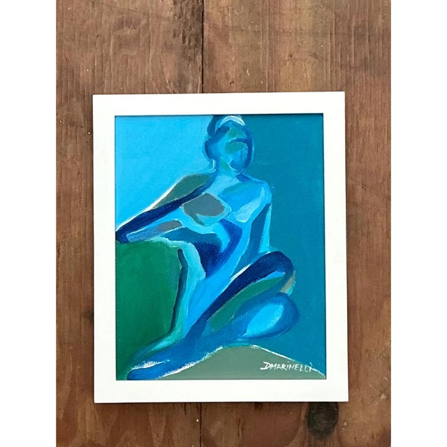 Vintage Figurative Blue Acrylic Oil in Canvas For Sale In West Palm - Image 6 of 12