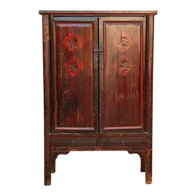 Antique Painted Medallions Red Lacquer Tall Cabinet For Sale