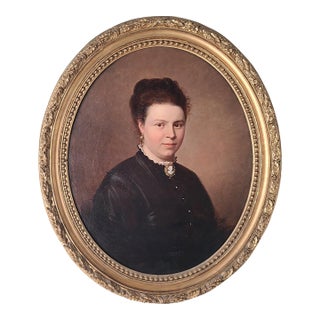 Antique 19th Century German Oval Oil Painting Portrait of a Lady With a Cameo For Sale