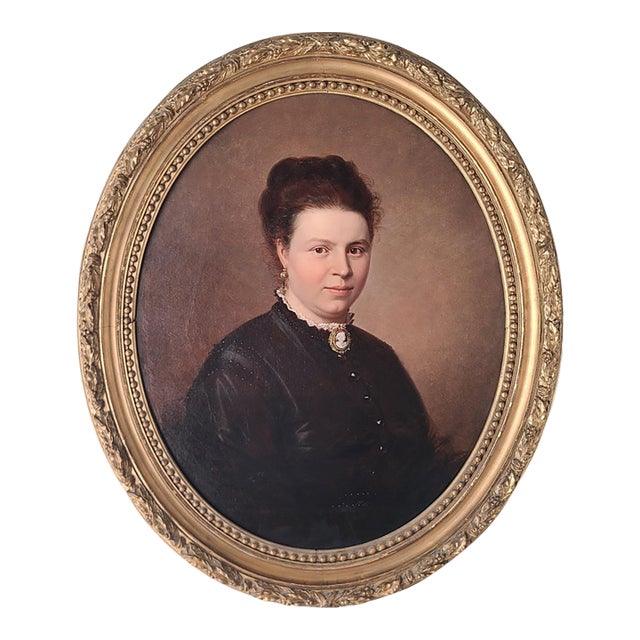 Antique 19th Century German Oval Oil Painting Portrait of a Lady With a Cameo For Sale