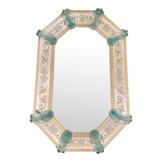 Venetian Octagonal Wall Mirror Hand-Carved in Murano Glass With Ligh-Blue Flowers For Sale