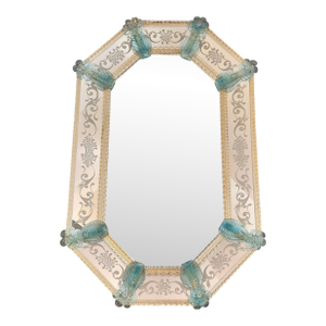 Venetian Octagonal Wall Mirror Hand-Carved in Murano Glass With Ligh-Blue Flowers