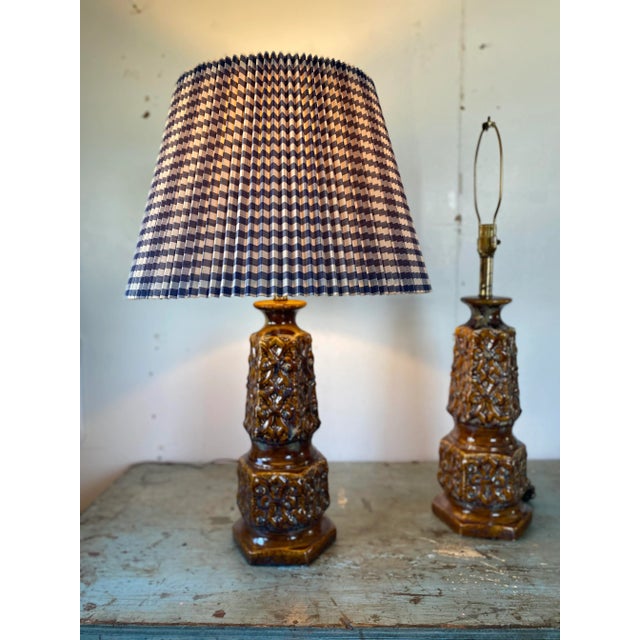 Late 20th Century Vintage Large Ceramic Brown Drip-Glazed Retro Pottery Table Lamps - a Pair For Sale - Image 5 of 13