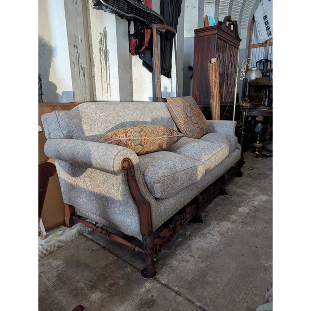 Vintage Victorian Revival Carved Wood Sofa With Paisley Upholstery For Sale - Image 15 of 16