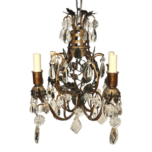 Mid 20th Century Italian Tole and Crystal Foliate Chandelier, Basket-Form