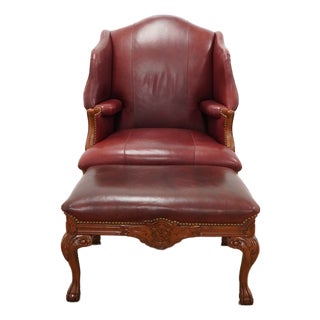 Old Hickory Leather Wingback Chair and Ottoman (Set of 2) For Sale