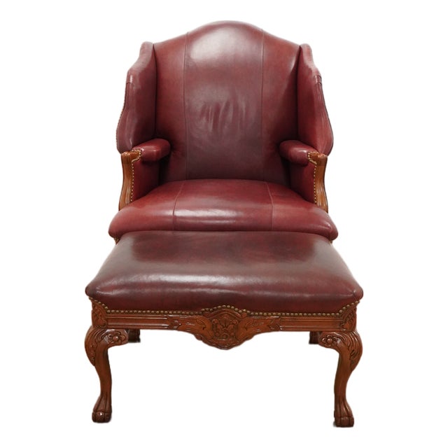 Old Hickory Leather Wingback Chair and Ottoman (Set of 2) For Sale