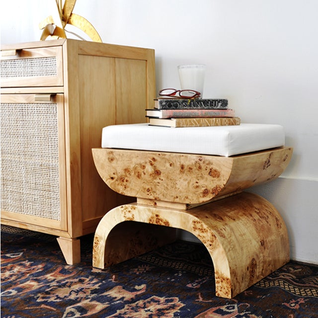 Contemporary Matthew Izzo Home Biggs Burlwood Stool With Linen Cushion For Sale - Image 3 of 6