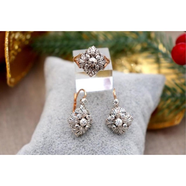 Metal Ring and Earring Set in 19.2k Gold with Diamond Setting, Set of 3 For Sale - Image 7 of 8