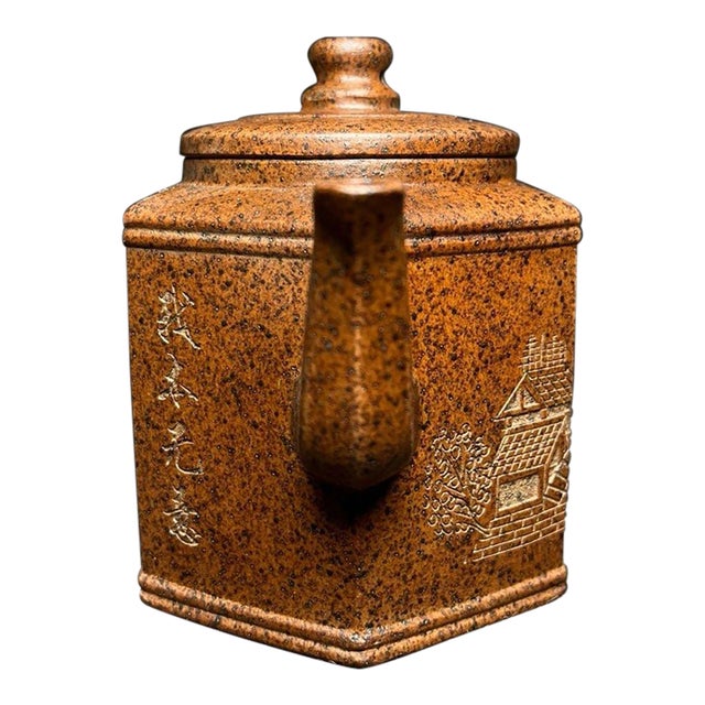 Vintage Yixing Zisha Teapot - Hexagonal Clay Teapot With Landscape Motif For Sale