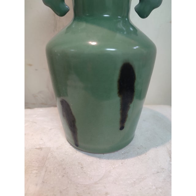 Celadon Chinese Ceramic Vase Longquan Ware Celadon Vase Hand Carved Double Dragon Ears For Sale - Image 8 of 11