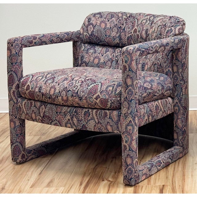 Textile Vintage Damask Upholstery Rounded Back Parsons Chair For Sale - Image 7 of 14