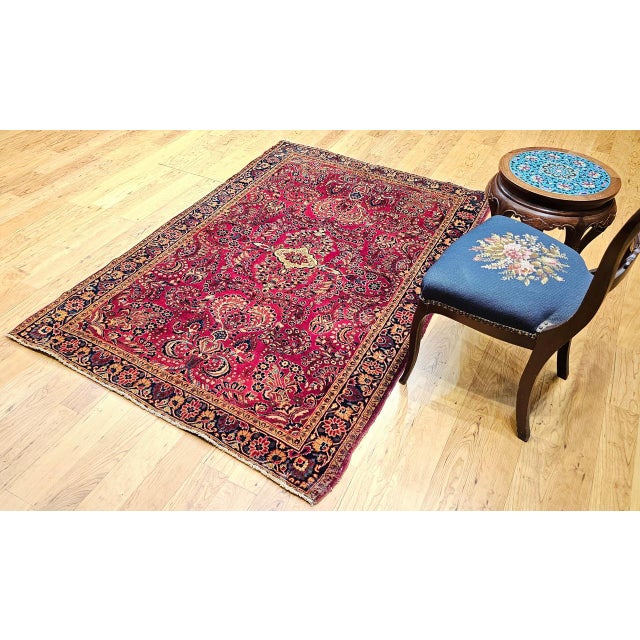 1900 - 1909 Antique Persian Sarouk Area Rug, Hand-Knotted Wool, Allover Floral Pattern, 4x6, Red & Navy For Sale - Image 5 of 17