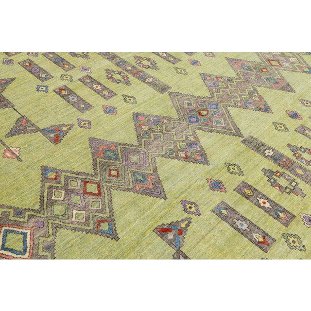 Modern Khotan Style Hand-Knotted Wool Rug - Green & Earth Tone Geometric Design For Sale - Image 11 of 11