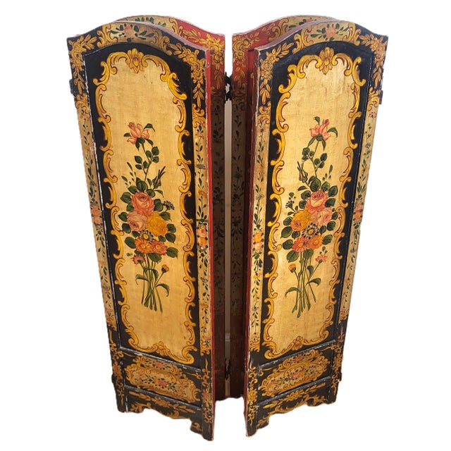 Wood Antique Italian Floral Scarlet & Black Venetian Painted 4 Panel Folding Screen For Sale - Image 7 of 15