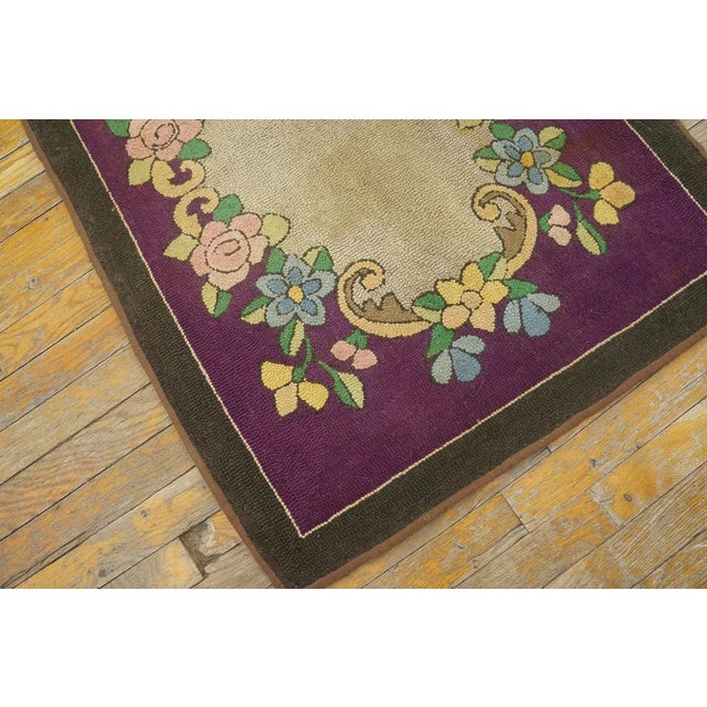 1890s Purple Medallion Floral Handmade Folk Art Antique American Hooked Rug For Sale - Image 10 of 10
