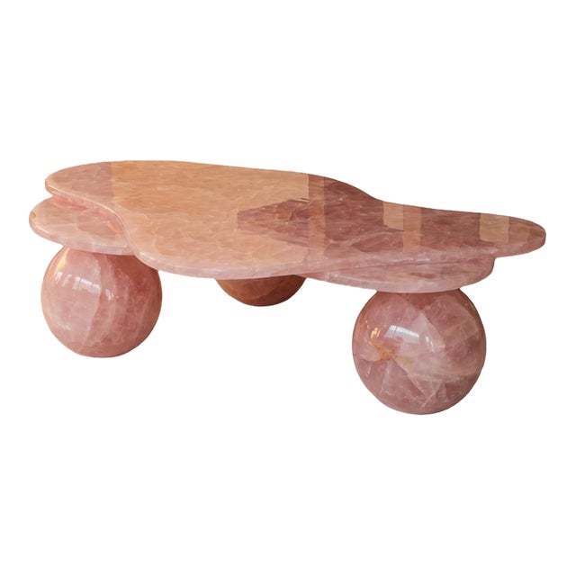 Handcrafted Rose Quartz Organic Coffee Table With Sphere Legs | Sculptural Luxury Stone Table For Sale