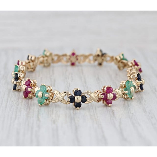 4.84ctw Ruby Sapphire Emerald Flower Tennis Bracelet 14k Yellow Gold 7" For Sale - Image 4 of 8