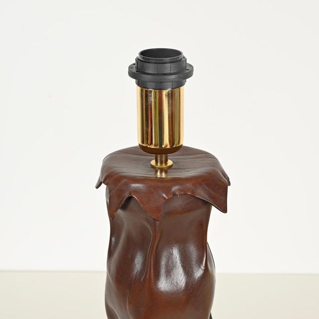 Large Italian Sculptural Table Lamp in Curved Leather and Parchment, 1970s For Sale - Image 10 of 15