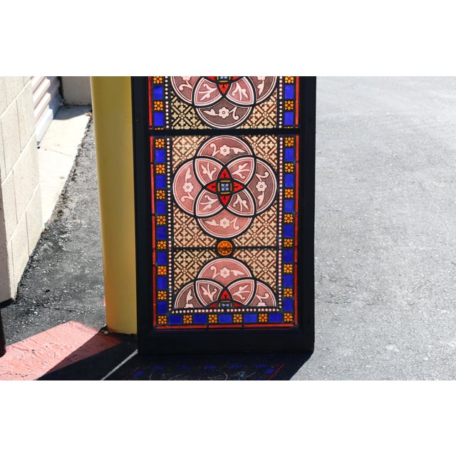 Antique Victorian Gothic Hand-Painted Stained Glass Windows in Wood Frames, Circa 1900 – Pair For Sale - Image 4 of 18