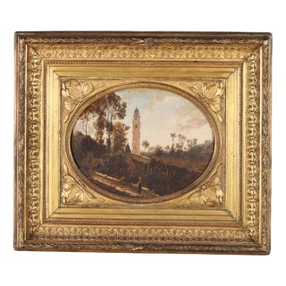 View of the Countryside with a Bell Tower, Oil on Canvas For Sale
