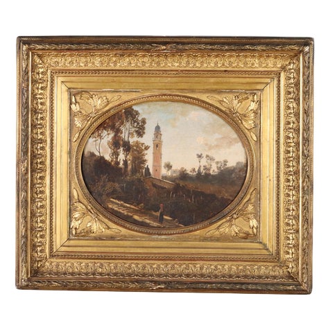 View of the Countryside with a Bell Tower, Oil on Canvas For Sale