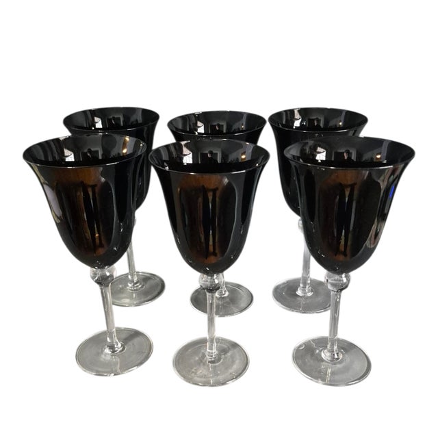 Glass Vintage Mid-Century Modern Black Dark Amethyst Clear Stem Goblets Glasses - Set of Six For Sale - Image 7 of 7