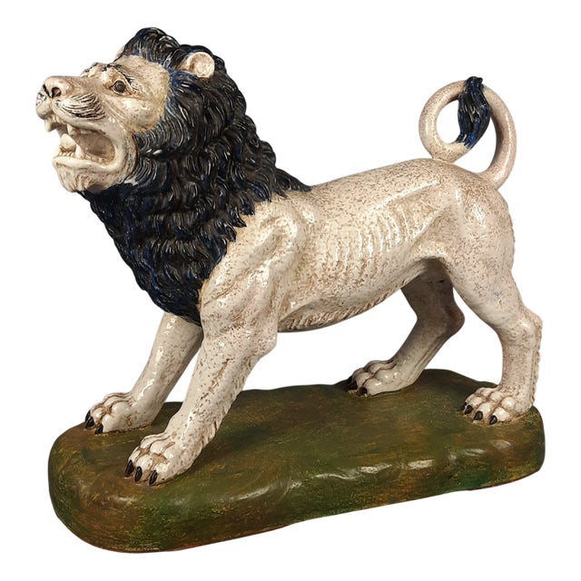 Large Majolica Roaring Lion Sculpture, Italy, 20th Century For Sale