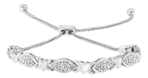 .925 Sterling Silver Diamond Accent Alternating Marquise Shape and Heart Links Bolo Bracelet (I-J Color, I3 Clarity) - Adjustable 6" to 9"
