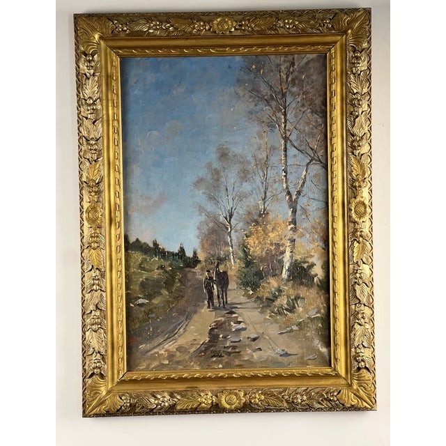 This Antique Continental School oil on canvas painting, titled “Man and His Donkey on a Birch Lined Path,” dates to the...