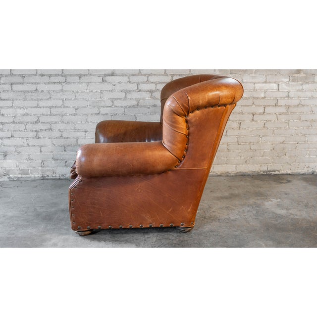 Restoration Hardware Churchill Cigar Leather Luxe Writer's Chair and Ottoman For Sale - Image 12 of 18