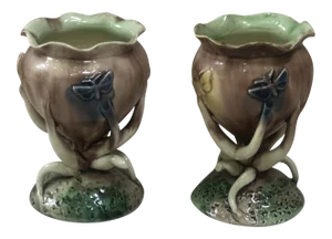Majolica Palissy Vases With Butterflies Thomas Sergent, Circa 1880 - a Pair