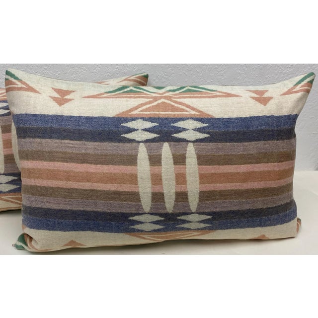 Blue Pair of Large Bolster Pillows With a Traditional Southwestern Geometric Pattern - Made in Uk. For Sale - Image 8 of 9