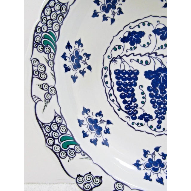 Mma Iznik Turkey Large Decorative Bowl With Grapes Design Blue, Green and White For Sale In Miami - Image 6 of 9