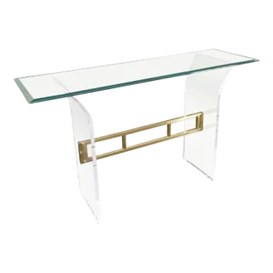 Lucite & Brass Base Glass Top Console Sofa Table Mid-Century Modern