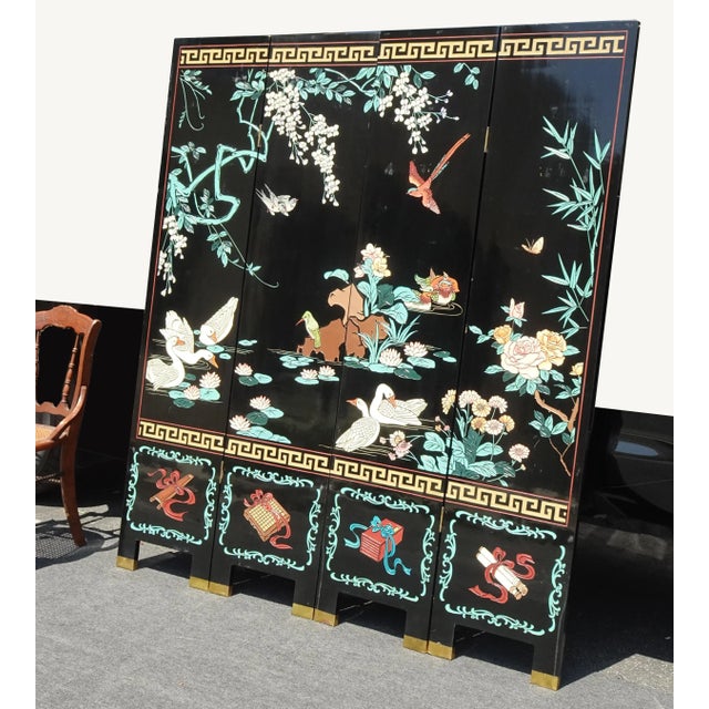 Vintage Oriental Asian Blue Coromandel Four Panel Screen Room Divider W Swans #2 For Sale - Image 4 of 12