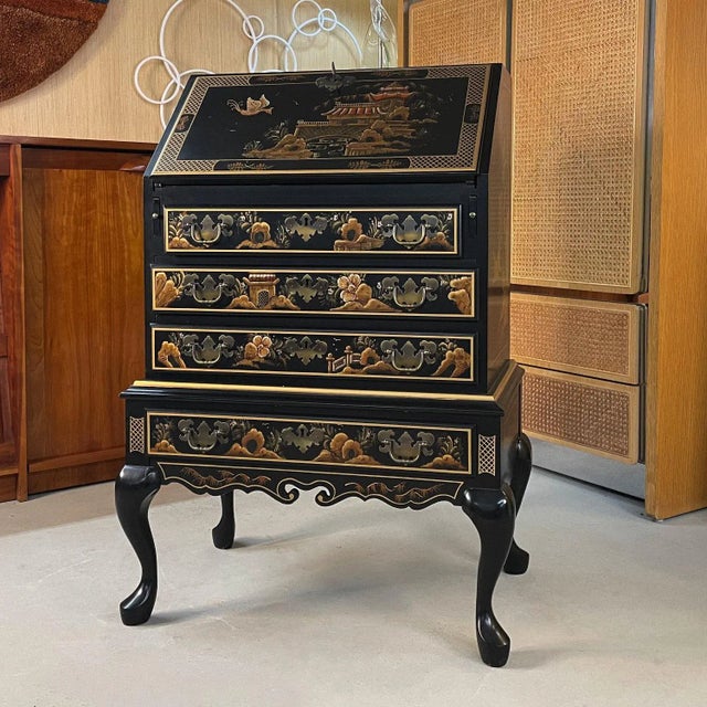 Black Lacquer Hand Painted Asian Chinoiserie Black Lacquer Secretary Writing Desk For Sale - Image 9 of 16