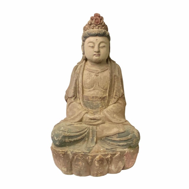 Wood Chinese Rustic Wood Sitting Guan Yin Kwan Yin Bodhisattva Statue For Sale - Image 7 of 7