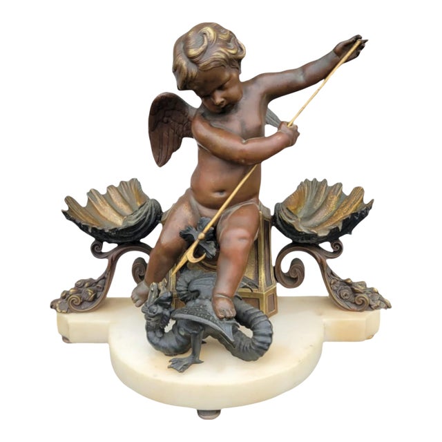 19th C French Bronze Cherub Sculpture on Marble Base – Dragon & Shell Motif For Sale