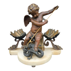 19th C French Bronze Cherub Sculpture on Marble Base – Dragon & Shell Motif