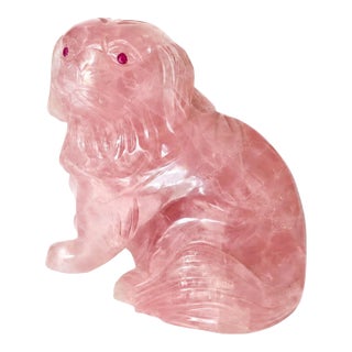 Chinese Rose Quartz Dog Carving With Ruby Eyes, Mid-20th Century For Sale